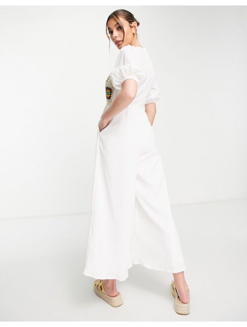 ASOS DESIGN crochet tank top jumpsuit with puff sleeve in crinkle