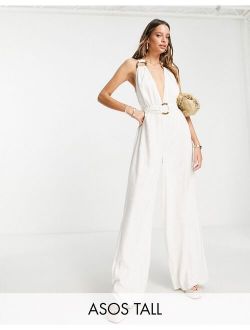 Tall linen halterneck jumpsuit with wide leg and ring detail in white