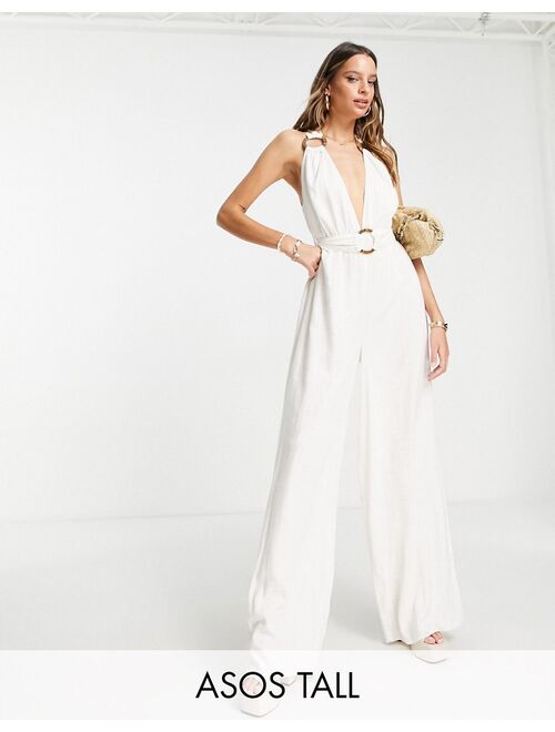ASOS DESIGN Tall linen halterneck jumpsuit with wide leg and ring detail in white