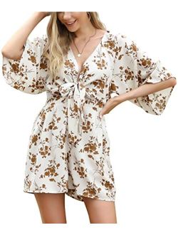 MISSKY Women's Half Sleeve Cut Out Tie Knot Front Romper Summer Floral Print Deep V Neck Short Jumpsuit with Pockets