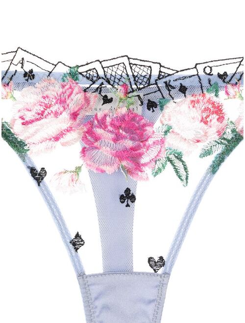 Fleur Du Mal floral and card embroidery thong