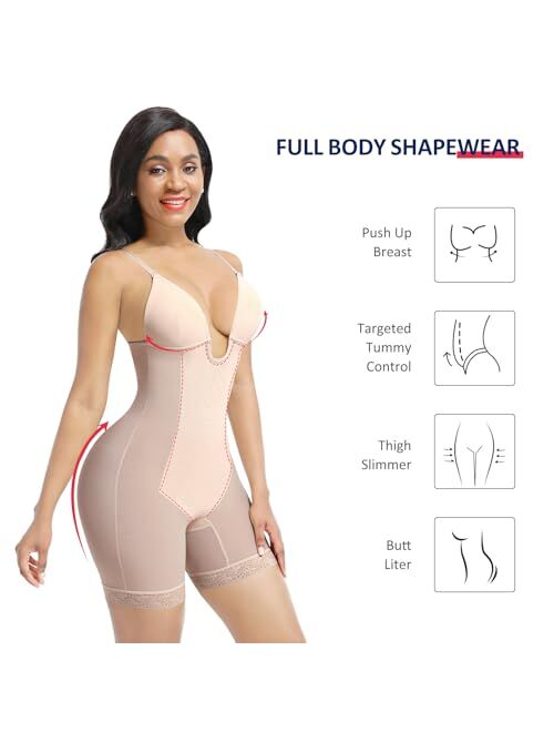 FeelinGirl Shapewear for Women Tummy Control Seamless Faja Mesh Built-in Bra Body Shaper with U Plunge