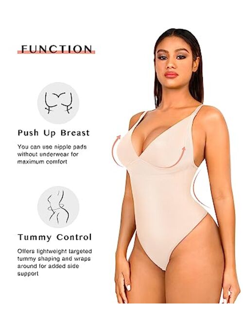 FeelinGirl Sexy Slimming Bodysuit Tummy Control Thong Shapewear Backless Body Shaper Deep V Neck