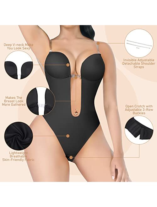 Hapord Shapewear for Women, Plunge Backless Body Shaper Bra, Women's Invishaper Backless Bodysuits Sexy Seamless Thong Full Bodysuit