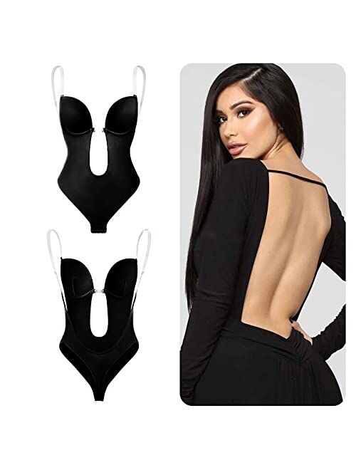 Mtlz Invisible Shapers Plunge Backless Body Shaper Bra Bodysuits Seamless Women's Deep V-Neck Clear Strap For Dresses Weddings
