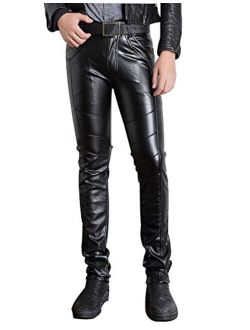 Moonwalk Men's Faux PU Leather Skinny Slim Fit Straight Leg Metallic Biker Pants Black