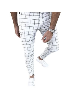 Percle Men's Fashion Stretch Dress Pants Slim Fit Plaid Skinny Long Pants Casual Business Golf Dress Pants
