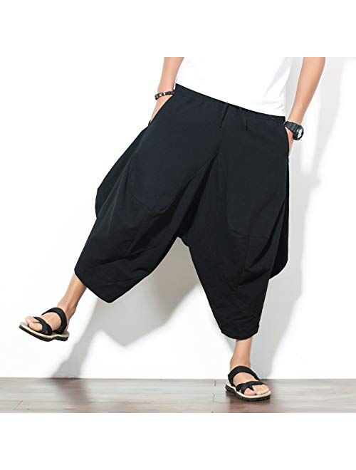 INVACHI Men's Elastic Waist Wide Leg Cotton Harem Baggy Pants Patchwork Linen Capri Trousers