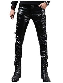 Idopy Men`s Rock Steampunk Lace Up PU Leather Pants Slim Fit