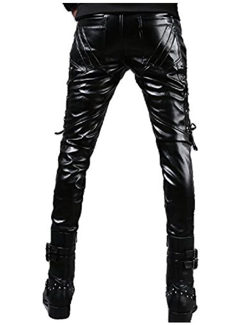 Idopy Men`s Rock Steampunk Lace Up PU Leather Pants Slim Fit