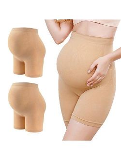Fodlmeen Womens 2 Pack High Waist Mid-Thigh Pettipant Pregnancy Maternity Seamless Shapewear Underwear for Belly Support