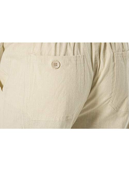 DELCARINO Men's Drawstring Linen Pant Elastic Waist Relaxed-Fit Casual Beach Trousers