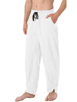 perdontoo Men's Linen Cotton Loose Fit Casual Lightweight Elastic Waist Summer Beach Pants