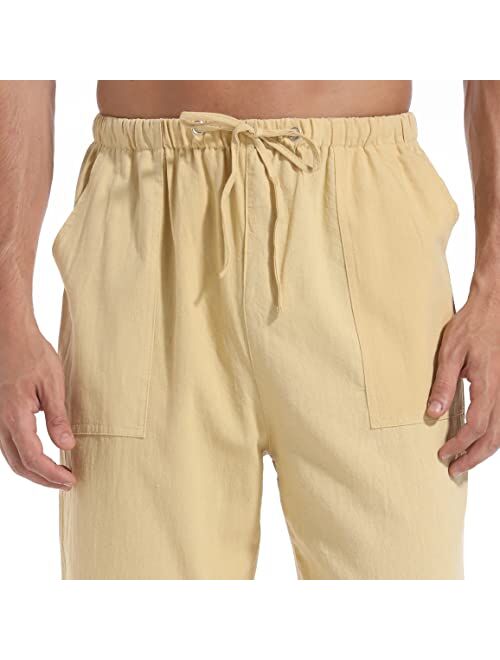 perdontoo Mens Cotton Linen Loose Casual Lightweight Elastic Waist Summer Beach Pants