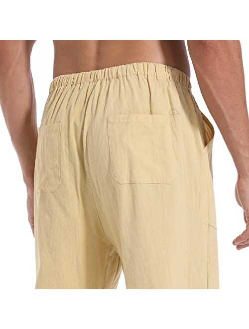 perdontoo Mens Cotton Linen Loose Casual Lightweight Elastic Waist Summer Beach Pants