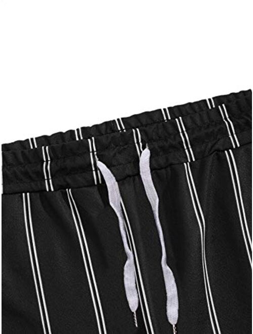 Romwe Men's Striped Elastic Waist Drawstring Slant Pocket Mid Waist Pants