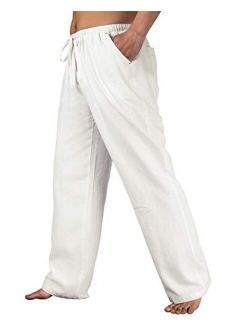 Lisskolo Men's Drawstring Loose Linen Beach Pants Lightweight Elastic Waist Yoga Lounge Cotton Trousers Pajamas