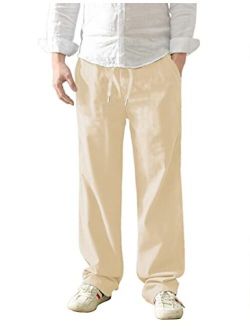 AKEWEI Mens Linen Pants Relaxed Fit Drawstring Elastic Waist Lounging Pants Comfortable