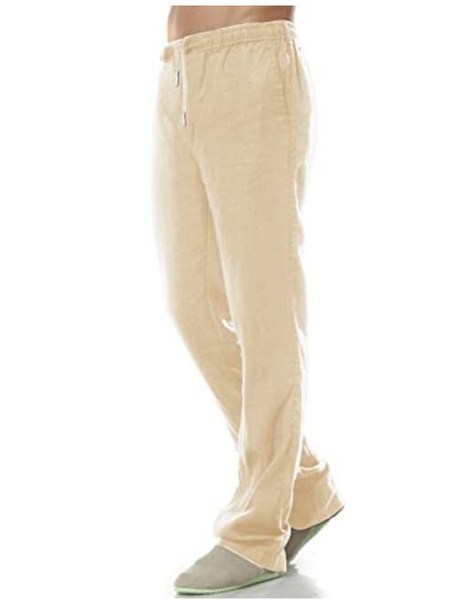 AKEWEI Mens Linen Pants Relaxed Fit Drawstring Elastic Waist Lounging Pants Comfortable