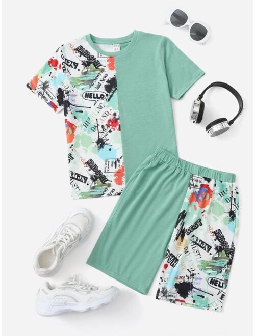 SHEIN Boys Splash And Letter Graphic Tee And Shorts Set