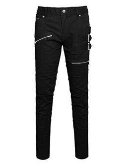 uxcell Men's Casual Slim Fit Punk Gothic Pockets Patch Buckle Zipper Pants Trousers