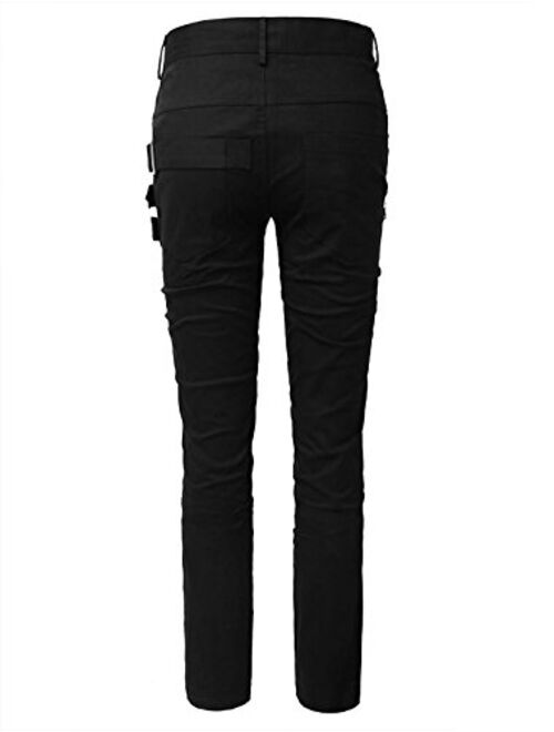 uxcell Men's Casual Slim Fit Punk Gothic Pockets Patch Buckle Zipper Pants Trousers