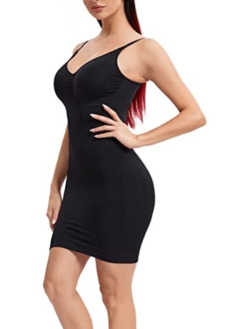 Joyshaper Womens V Neck Full Slip Dress for Under Dress Tummy Control Body Shaper Shapewear Slip Adjustable Spaghetti Strap