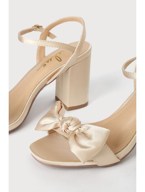 Lulus Aryliana Champagne Satin Bow Ankle Strap High Heel Sandals