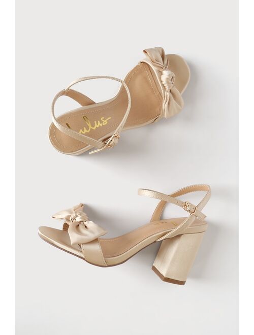 Lulus Aryliana Champagne Satin Bow Ankle Strap High Heel Sandals