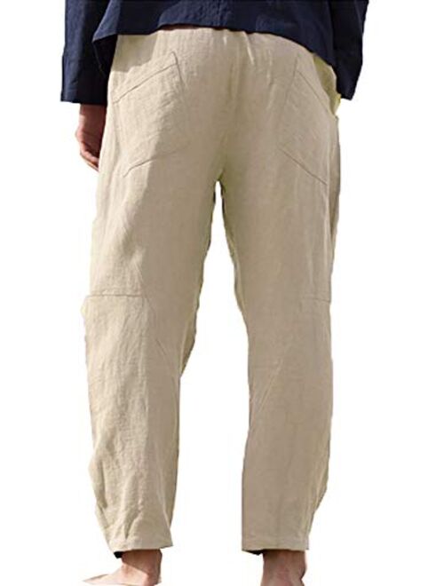 Taoliyuan Mens Linen Pants Casual Loose Fit Beach Drawstring Elastic Waist Capri Yoga Trousers with Pockets