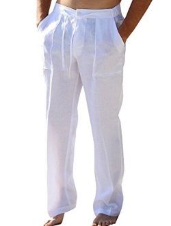 Runcati Mens Linen Pants Beach Casual Summer Elastic Waist Drawstring Loose Fit Trousers with Pockets
