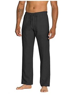 URRU Mens Linen Cotton Pants Lightweight Drawstring Waist Yoga Beach Trousers Summer Casual Pants S-XXL