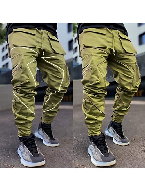 ebossy Men's Multi Pocket Fashion Cargo Pants Technical Reflective Jogger Pants