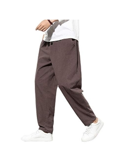 FTIMILD Men's Comfy Pants Linen Cotton Loose Fit Casual Elastic Waist Wide Leg Trousers