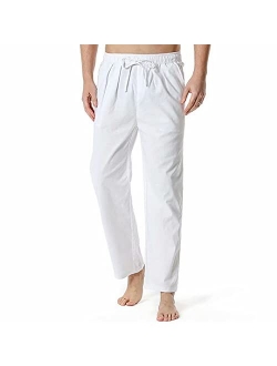 FTIMILD Men's Comfy Pants Linen Cotton Loose Fit Casual Elastic Waist Wide Leg Trousers