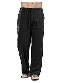 AUDATE Men's Pants Summer Beach Trousers Cotton Linen Trouser Casual Lightweight Drawstring Yoga Pant