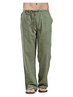 AUDATE Men's Pants Summer Beach Trousers Cotton Linen Trouser Casual Lightweight Drawstring Yoga Pant