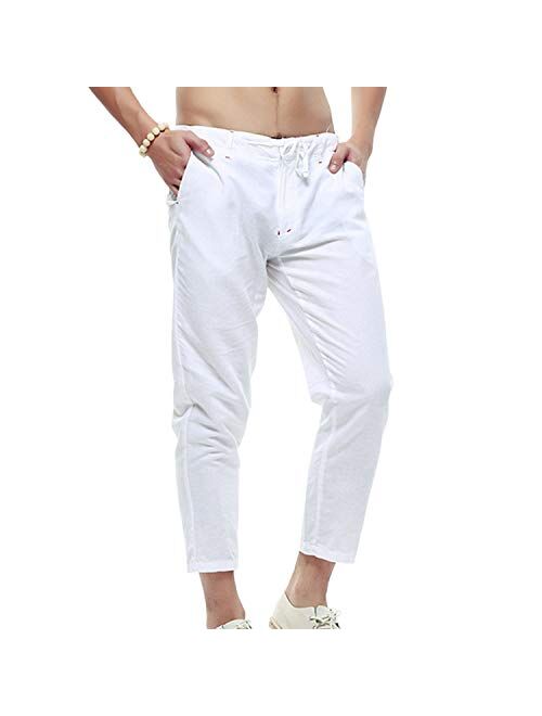 nobranded ZHANCHTONG Men's Casual Linen Straight Fit Beach Linen Capri Pants with Drawstring