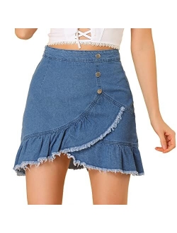 Women's Ruffle Irregular Hem High Waist Lightweight Mini Jeans Denim Skirt