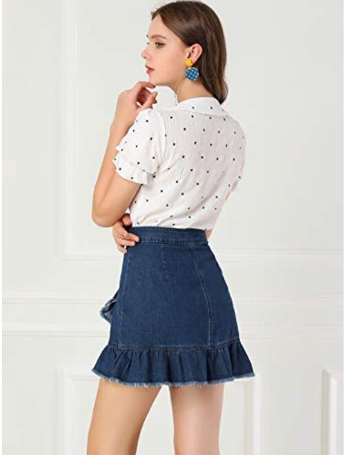 Allegra K Women's Ruffle Irregular Hem High Waist Lightweight Mini Jeans Denim Skirt
