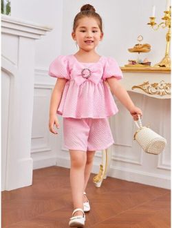 Toddler Girls Bow Front Puff Sleeve Top & Shorts