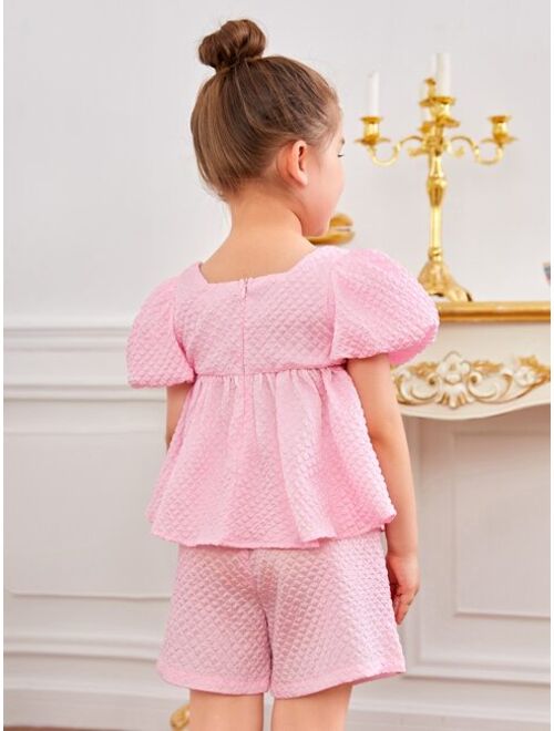 SHEIN Toddler Girls Bow Front Puff Sleeve Top & Shorts