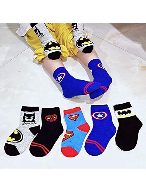 Yoxua 5 Pairs Boys Socks Kids Superhero Adventures Captain America Superman Batman Athletic Crew Socks