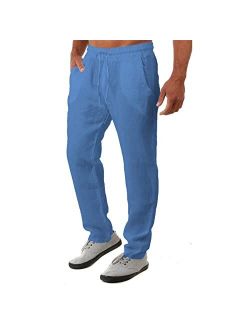 Wangdo Men's Casual Linen Pants Summer Yoga Beach Trousers Loose Fit Straight-Legs Elastic Drawstring Waist Casual Trousers