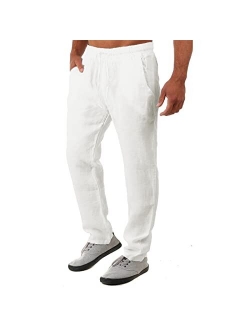 Wangdo Men's Casual Linen Pants Summer Yoga Beach Trousers Loose Fit Straight-Legs Elastic Drawstring Waist Casual Trousers