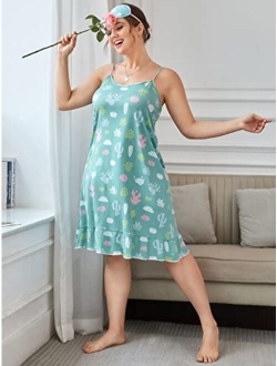 Women's Cute Printed Plus Size Nightgown Ruffle Hem Cami Sleepwear Loungewear