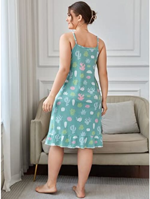 Floerns Women's Cute Printed Plus Size Nightgown Ruffle Hem Cami Sleepwear Loungewear