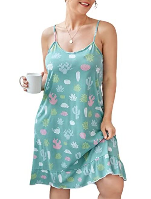 Floerns Women's Cute Printed Plus Size Nightgown Ruffle Hem Cami Sleepwear Loungewear