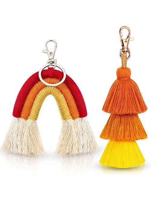 Hicarer 2 Pieces Boho Rainbow Keychains Pom Pom Tassel Macrame Keychains for Women Girls