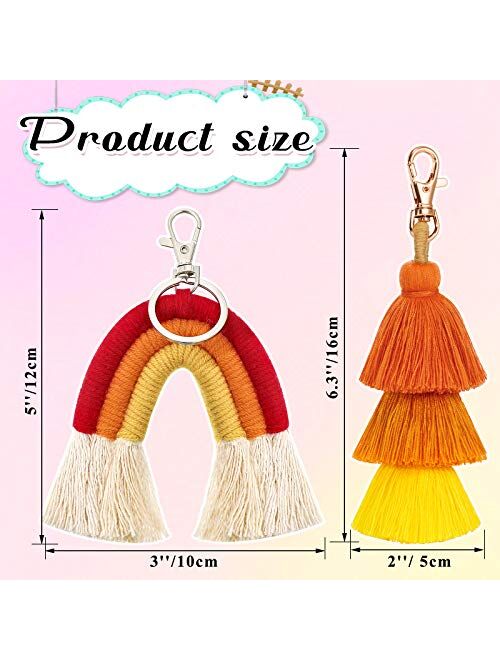 Hicarer 2 Pieces Boho Rainbow Keychains Pom Pom Tassel Macrame Keychains for Women Girls